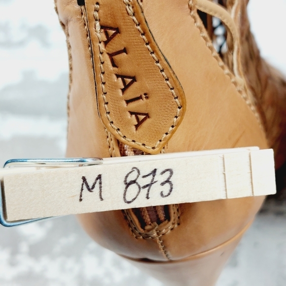 Alaia Lace-Up Peep Toe Booties Camel Leather High Heel Ankle Boots M873 - Picture 15 of 15